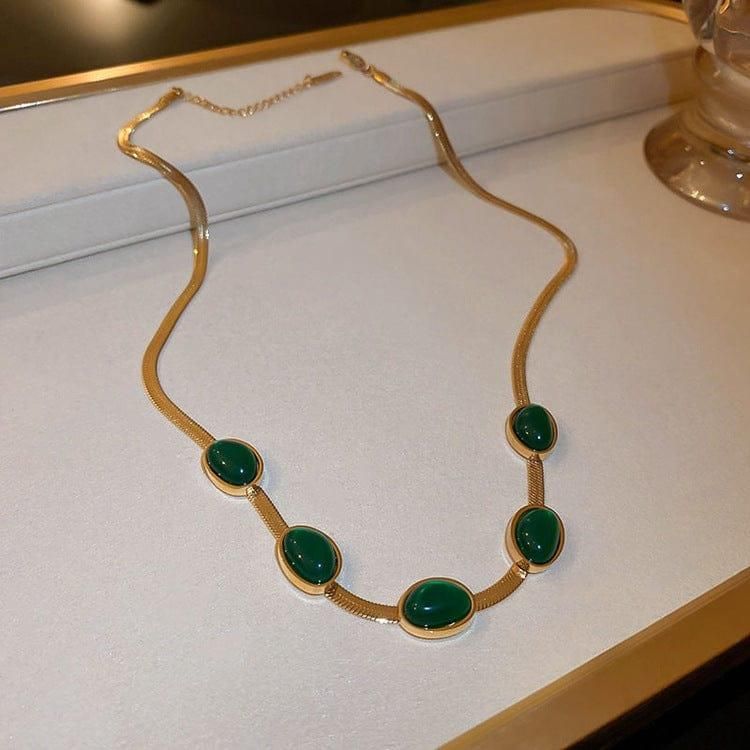 Luxury Oval Green Crystal Pendant Jewelry Set Necklace + Bracelet