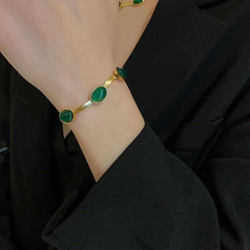 Luxury Oval Green Crystal Pendant Jewelry Set Necklace + Bracelet